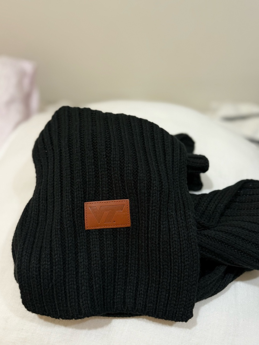 Black Ribbed Knit Scarf with VT Faux Leather Patch